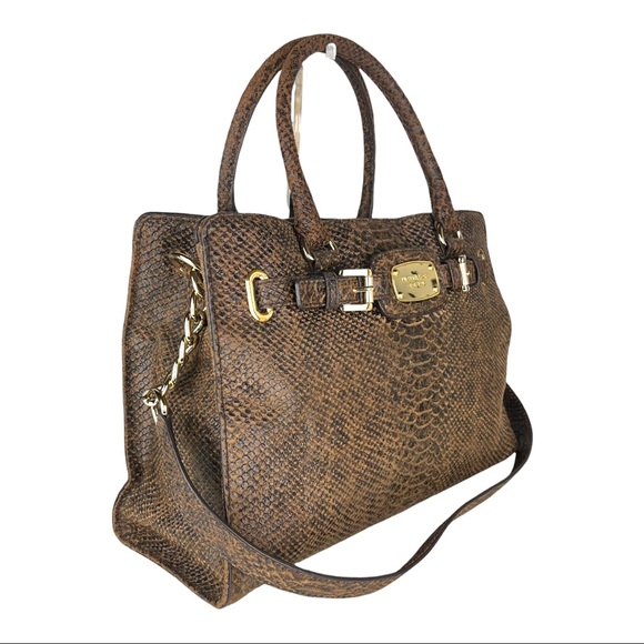 Michael Kors Brown Hamilton Snake Embossed Satchel - Picture 3 of 15